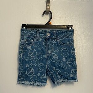 Girls Blue Denim Shorts with Peace and Smiley Print